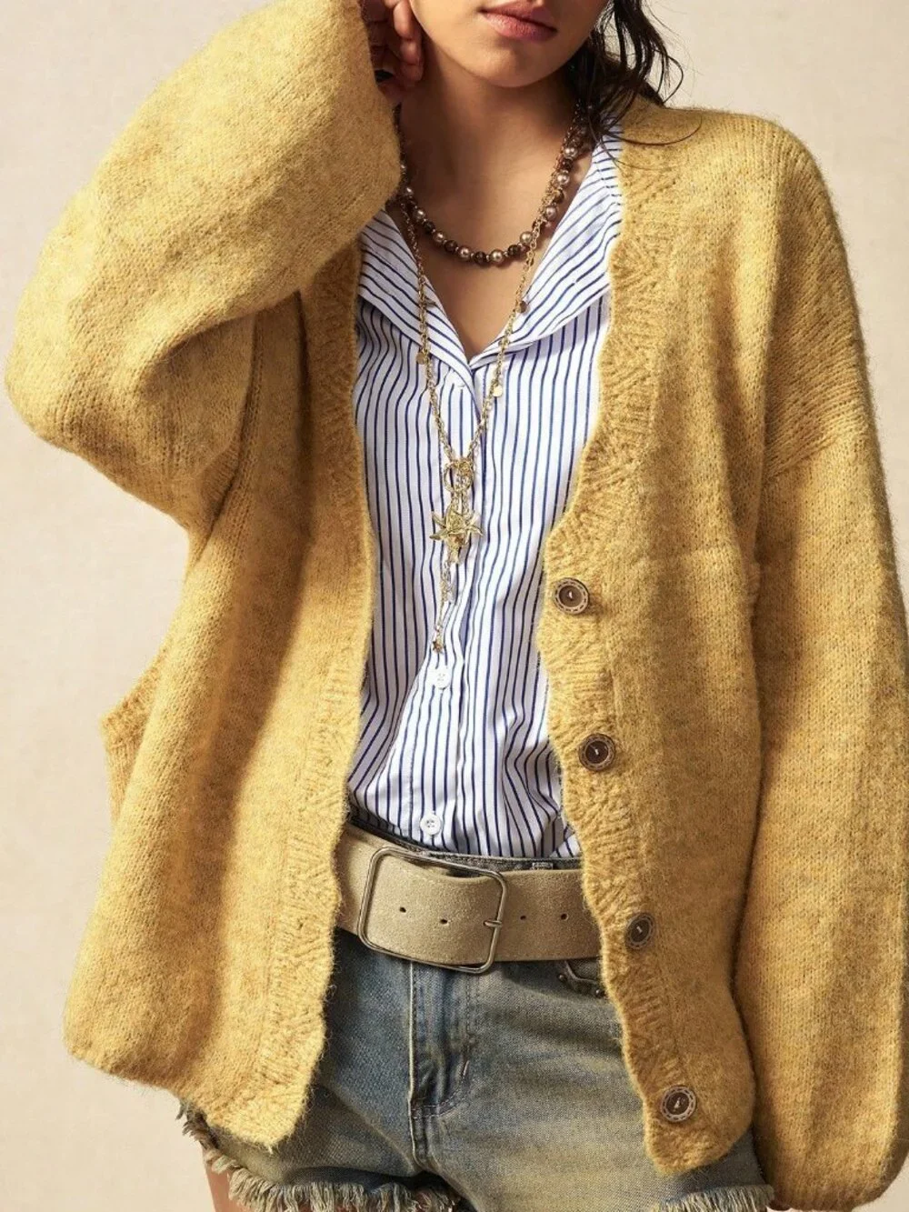 Apricot Boho Women's Oversize Long Sleeve Open Fuzzy Knit Cardigan - Picture 2 of 8